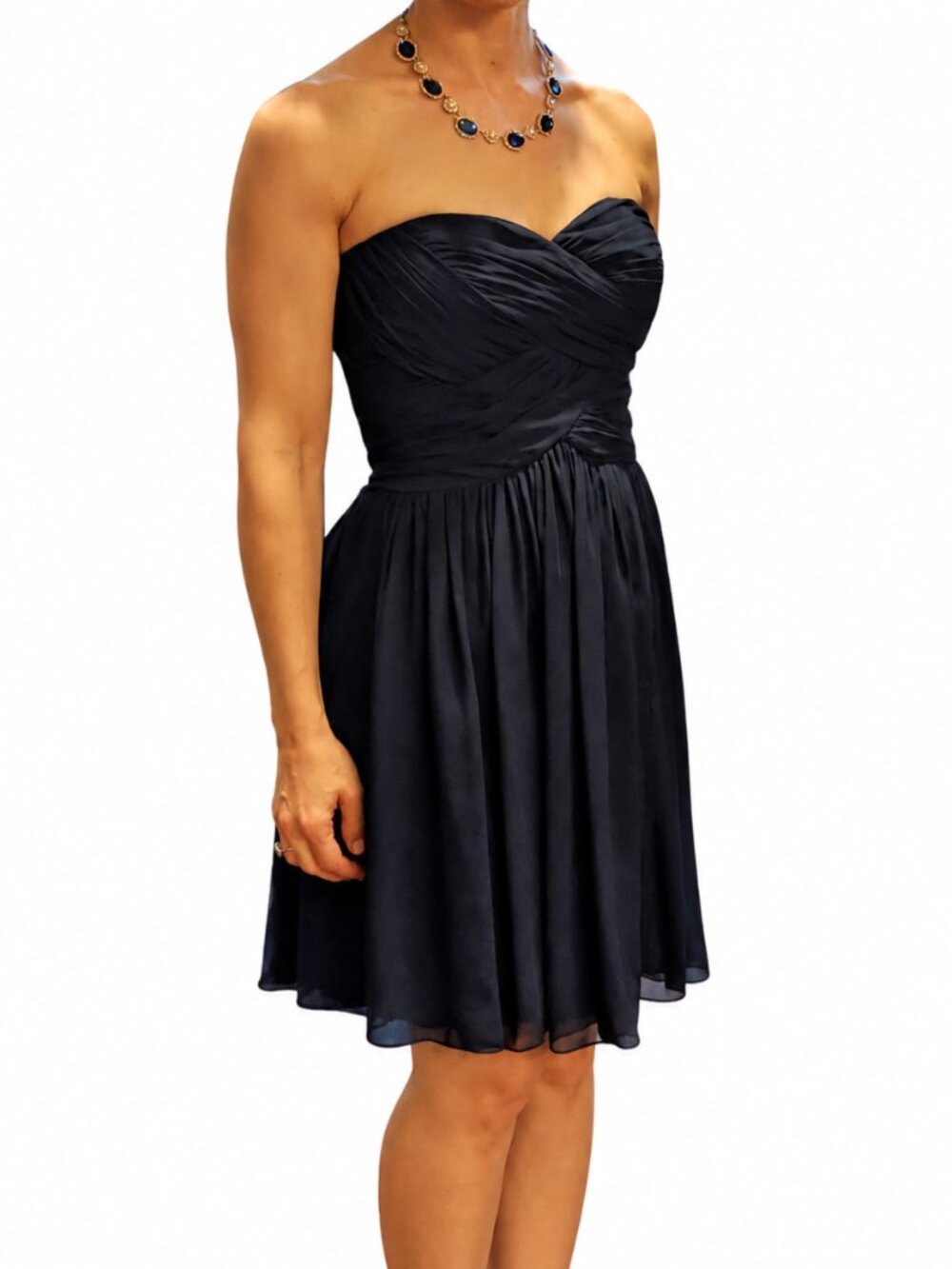 JS BOUTIQUE STRAPLESS NAVY CHIFFON FLARE DRESS, SIZE 6